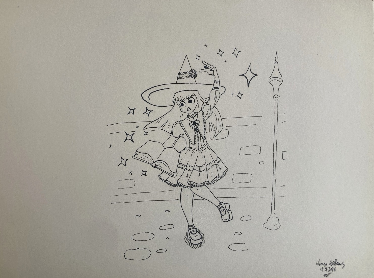 Ink drawing of a small witch with an open book, sparks, and a street lamp