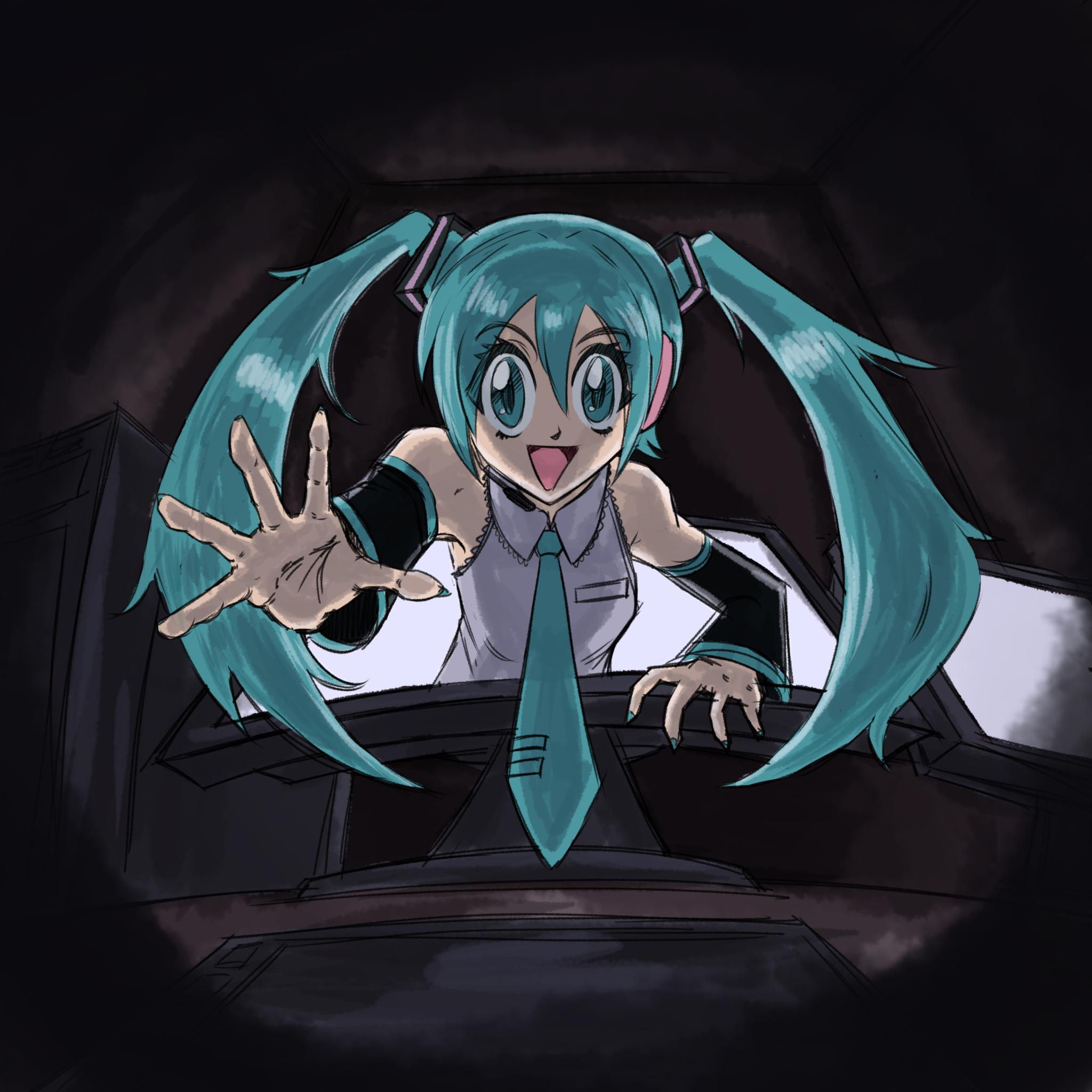 Digital illustration of Hatsune Miku reaching out of a computer monitor toward the viewer, her turquoise twin tails spilling into a dark room