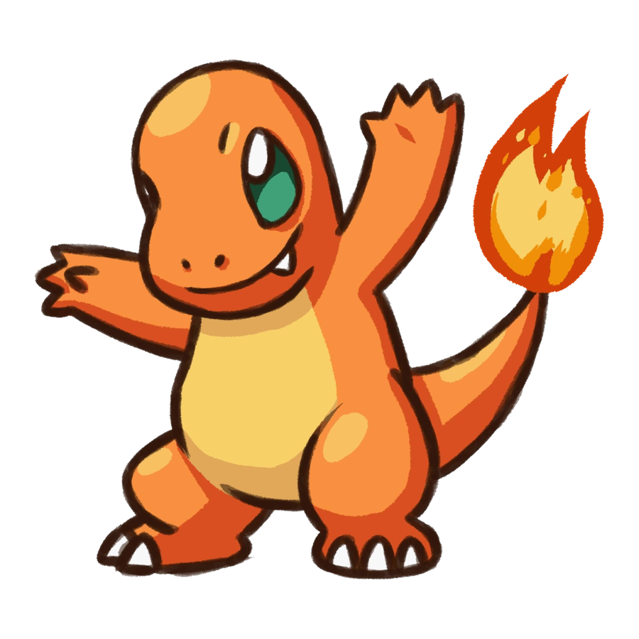 Die-cut sticker design of Charmander standing upright, one arm raised in a wave, flame burning at the tip of its tail