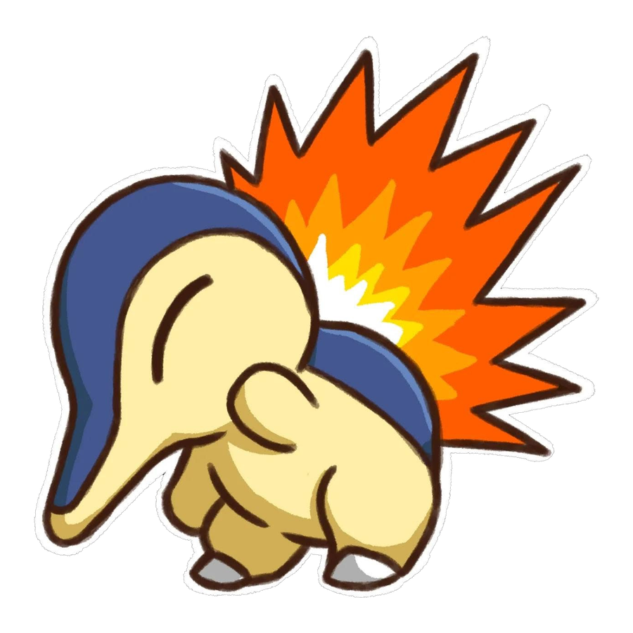 Die-cut sticker design of Cyndaquil curled forward with eyes closed and flames erupting from its back