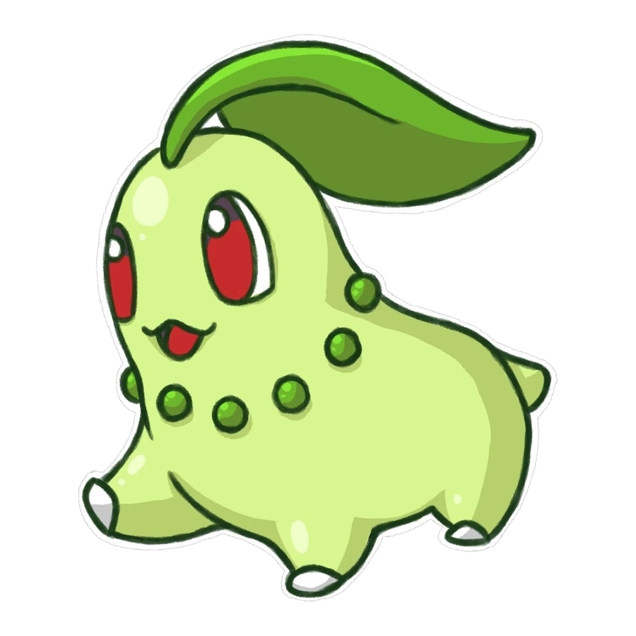 Die-cut sticker design of Chikorita leaping forward, head leaf and neck buds visible