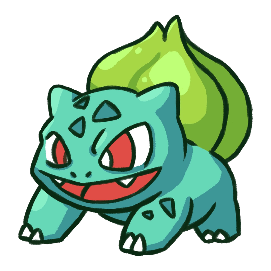 Die-cut sticker design of Bulbasaur crouched low with its plant bulb, mouth open