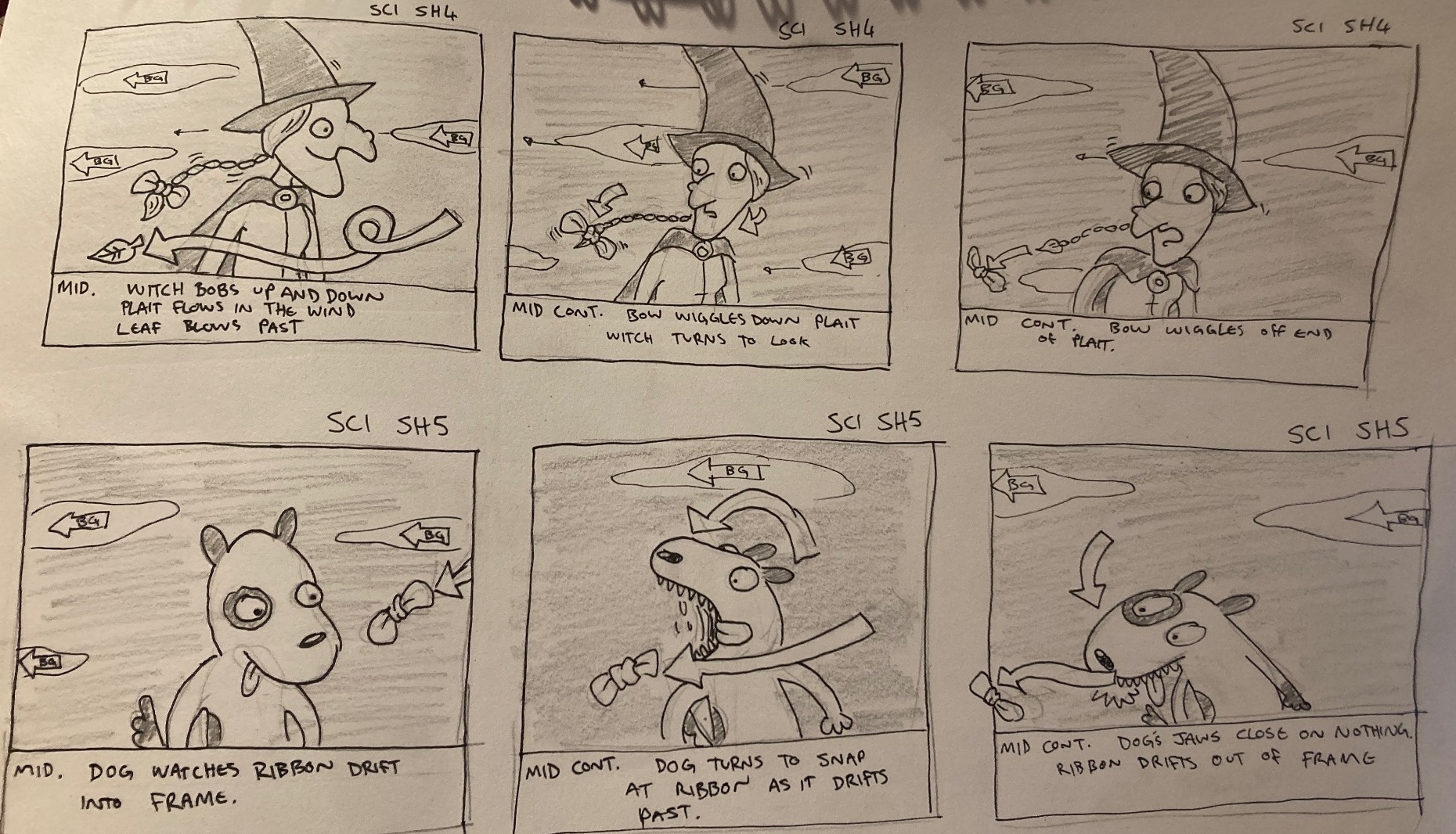 Pencil storyboard page of six panels: the witch bobbing with her plait and bow blowing in the wind, and a dog snapping at a drifting ribbon