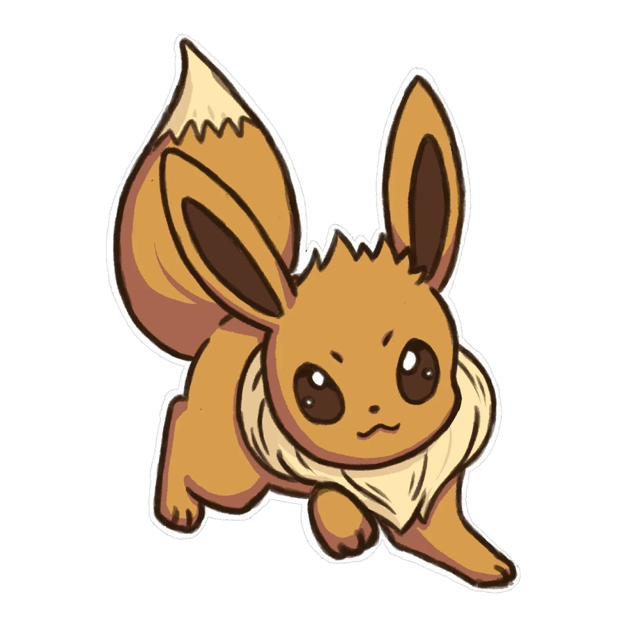 Die-cut sticker design of Eevee in a pouncing pose with large ears and a fluffy neck ruff