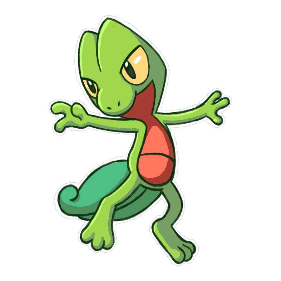 Die-cut sticker design of Treecko with arms flung wide, looking toward the viewer