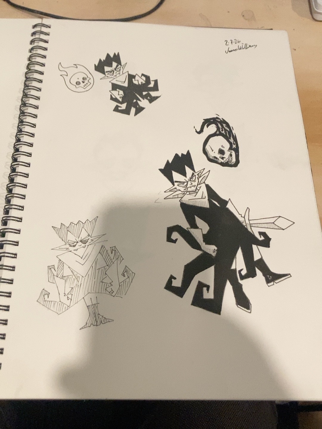 Ink character studies with spiky silhouettes, dark clothing, and floating skulls