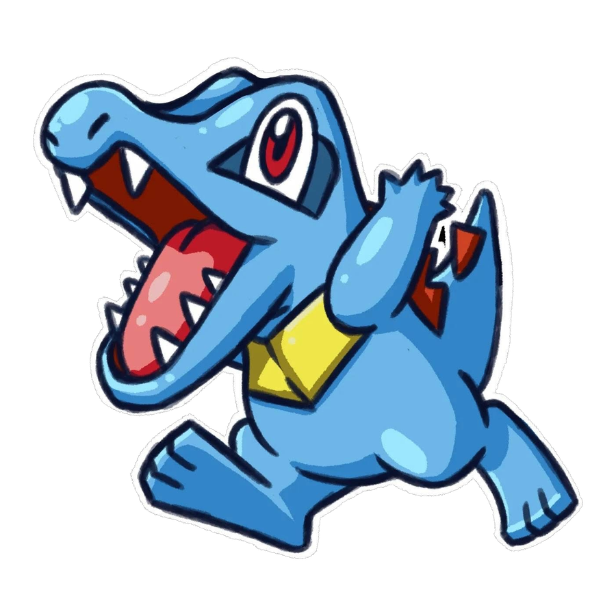 Die-cut sticker design of Totodile running forward with its mouth wide open