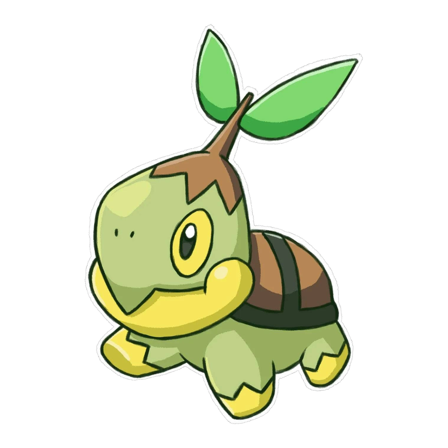 Die-cut sticker design of Turtwig standing with a sprout on its back