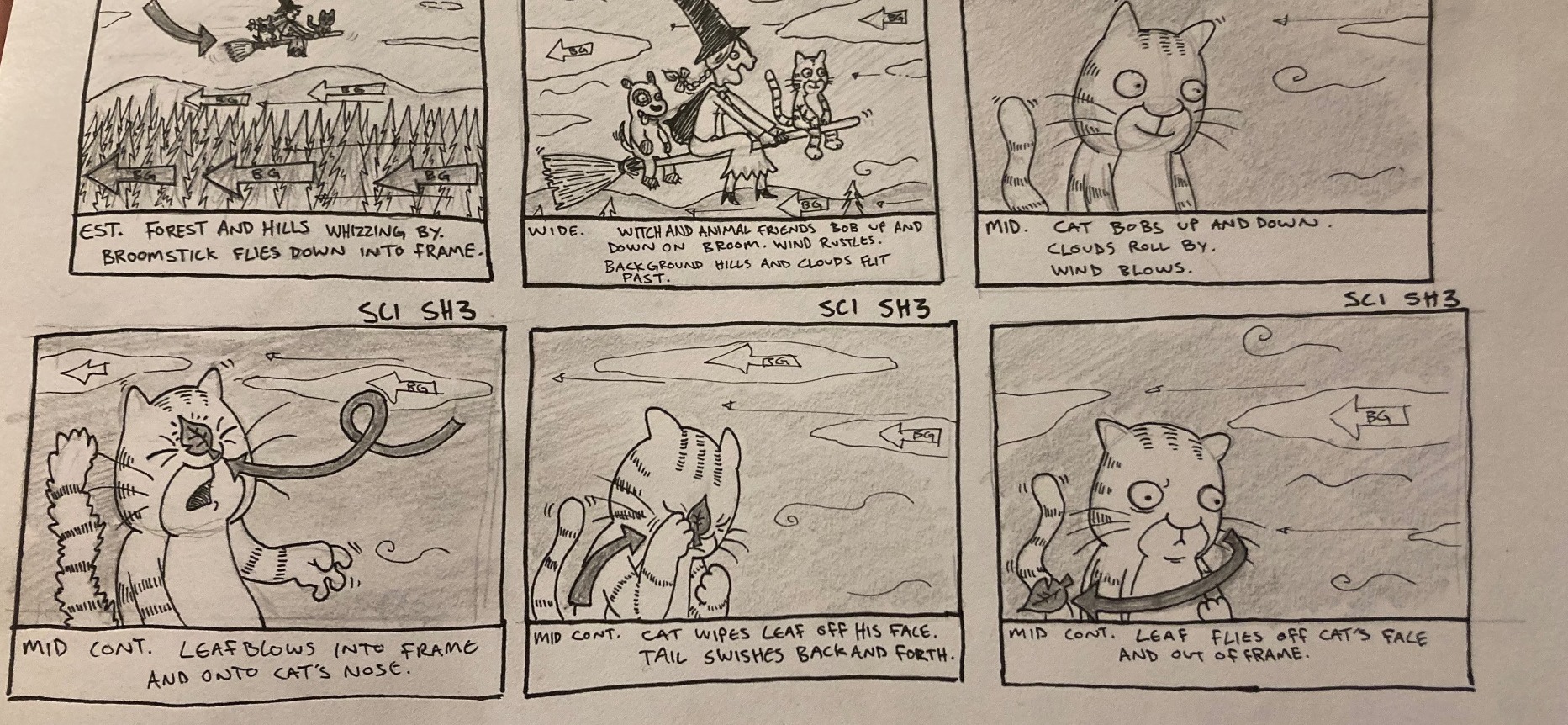 Pencil storyboard page of six panels: a witch, her cat and dog bobbing on a broom over forested hills, and the cat dealing with a leaf blown onto its face