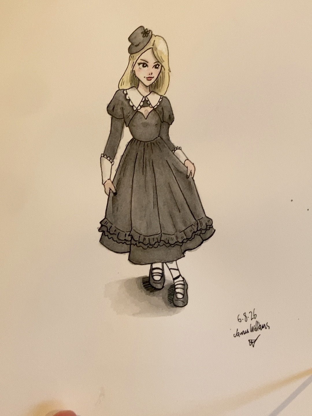 Traditional illustration of a girl in a dark dress and small hat