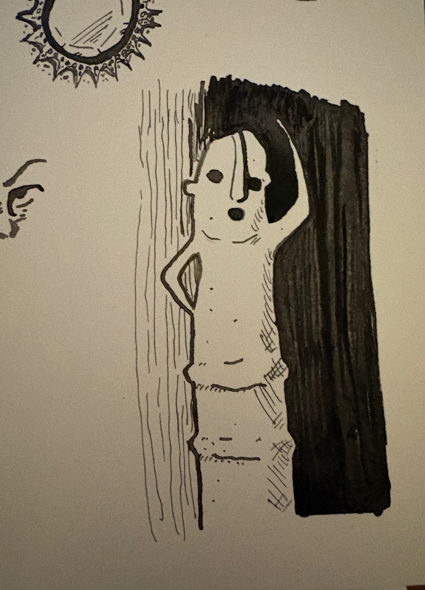 Haniwa figure drawn in ink against a dark brushed wash, with a small sun sketch above