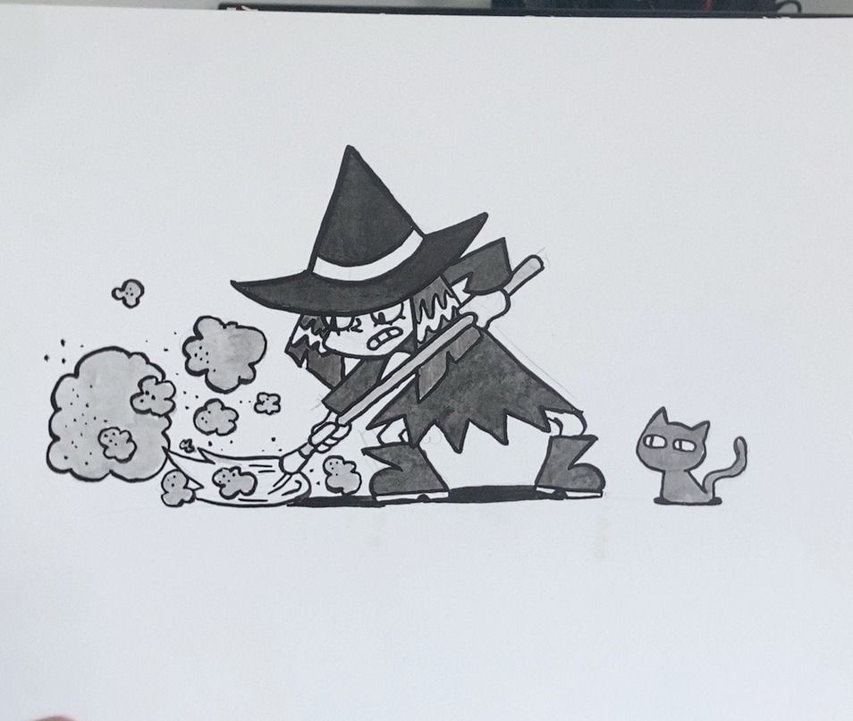 Ink drawing of a small grumpy witch sweeping up smoke clouds with her broom while a grey cat watches