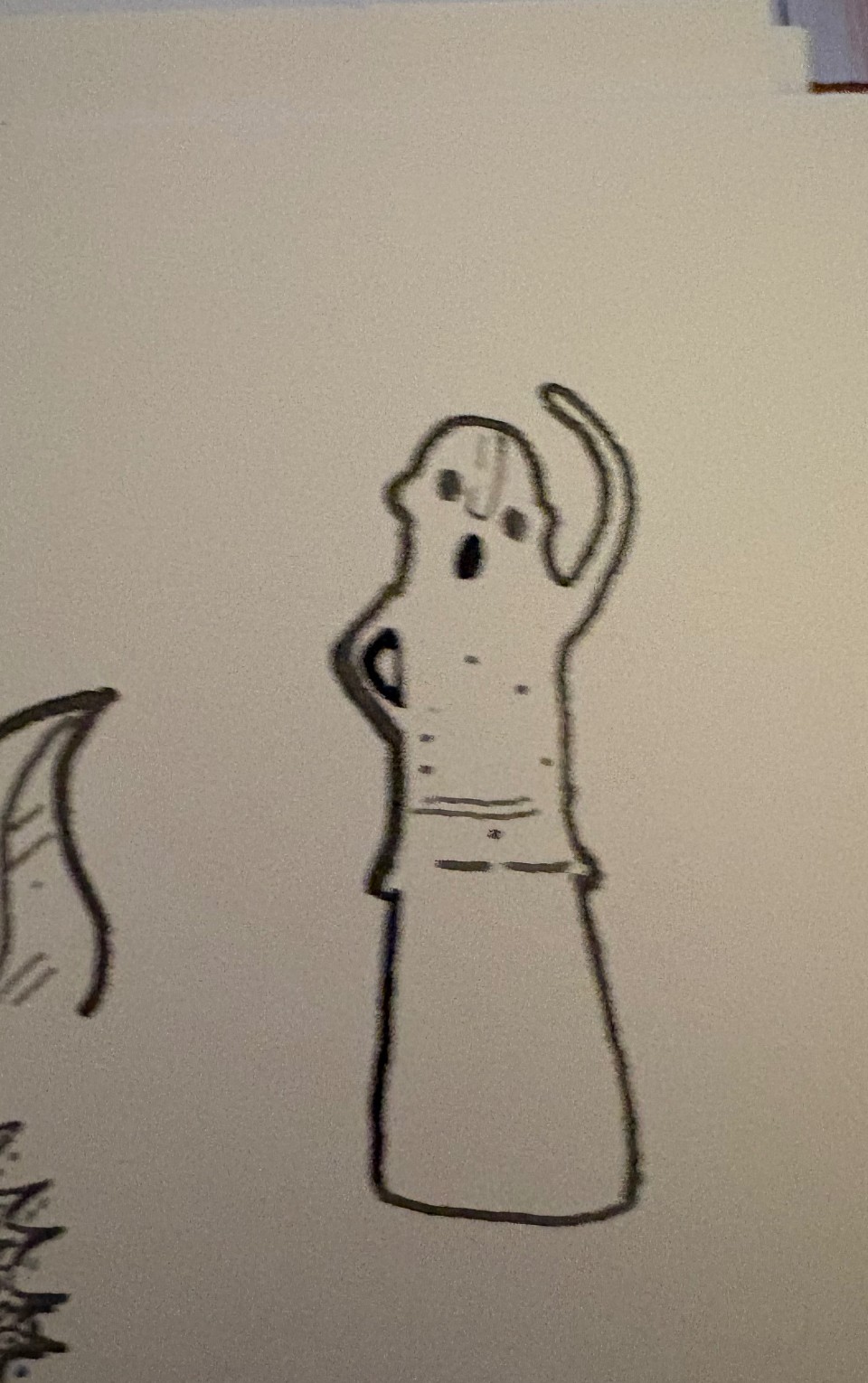 Small ink sketch of a standing haniwa figure with one arm raised