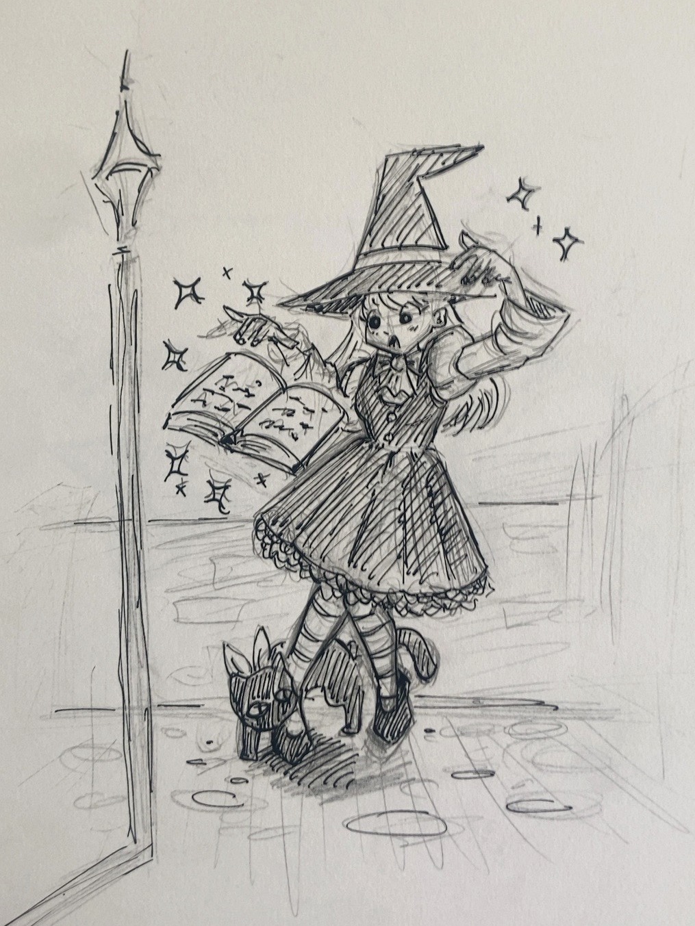 Rough witch composition with an open book, a cat at her feet, and a street lamp