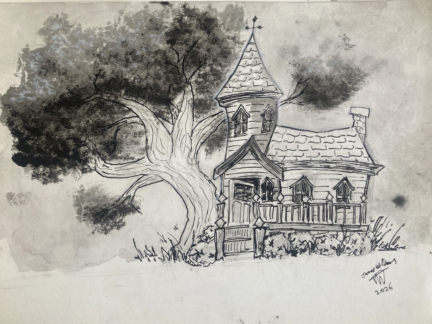 Ink and wash illustration of a gabled timber house beneath a large spreading tree