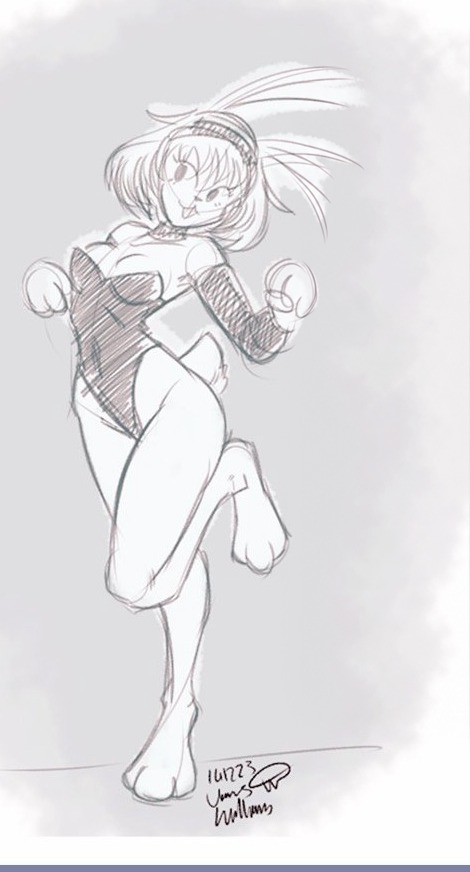 Rough pencil-style sketch of the bunny girl in her pin-up pose, signed James Williams
