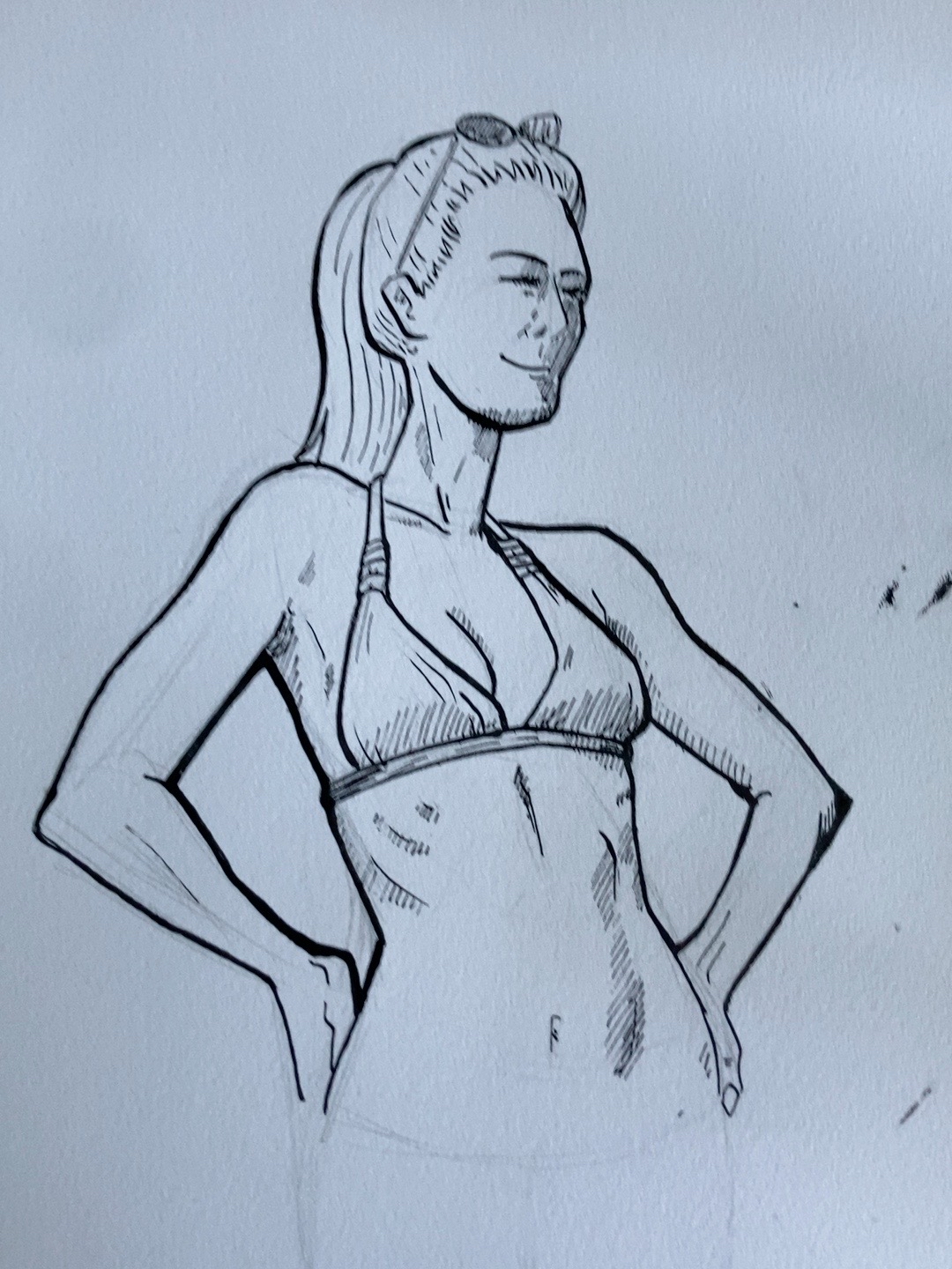 Pen sketch of a smiling woman in swimwear with sunglasses on her head, hands on hips