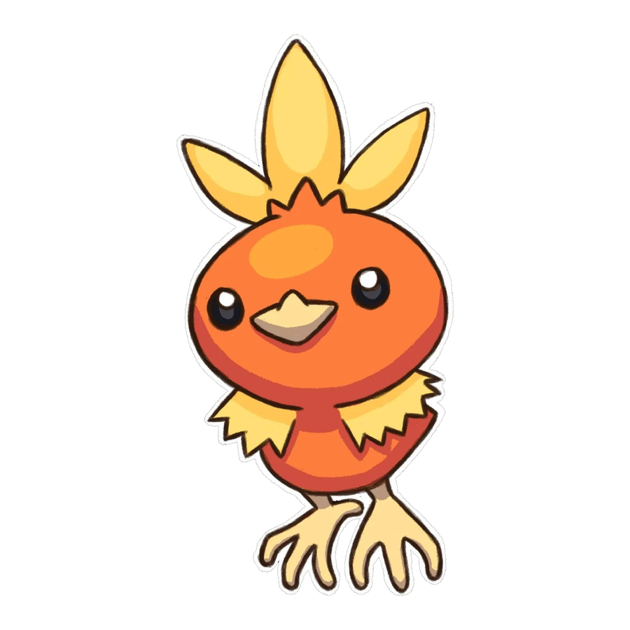 Die-cut sticker design of Torchic standing facing forward with its head feathers erect