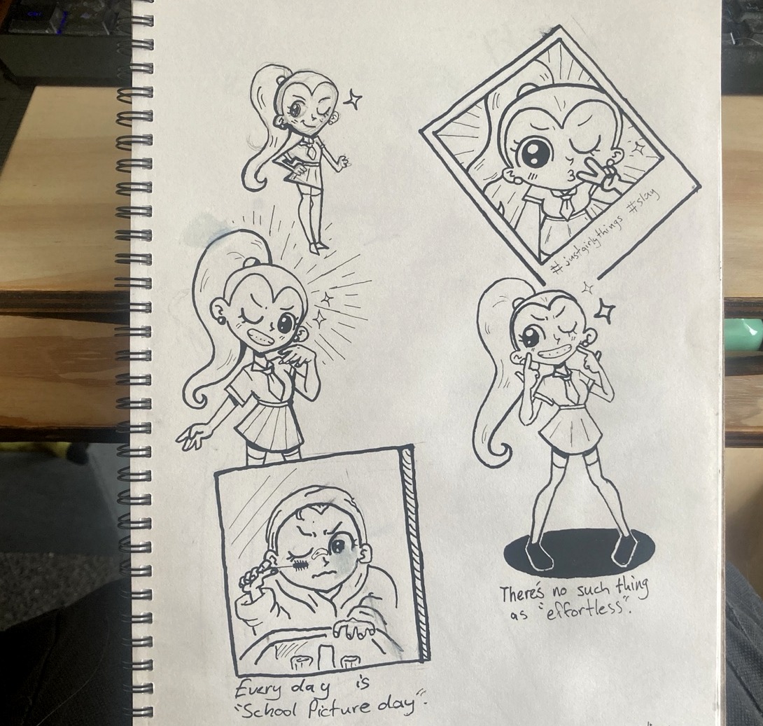 Sketchbook page of expressive cartoon character faces and small full-body poses