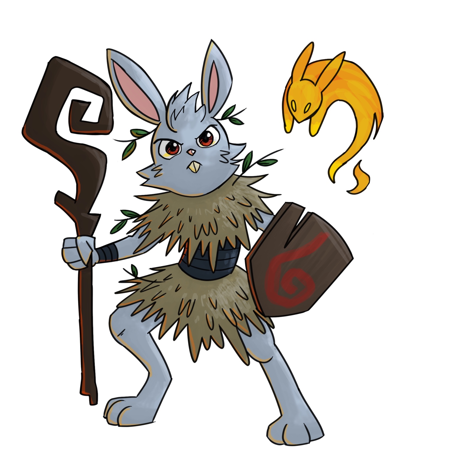 Digital illustration of a grey hare druid holding a carved wooden staff and a rune-marked shield, with a small flame spirit hovering beside them