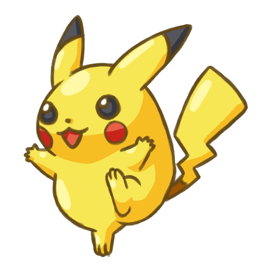 Die-cut sticker design of Pikachu mid-jump with arms open, red cheek pouches and a lightning-bolt tail