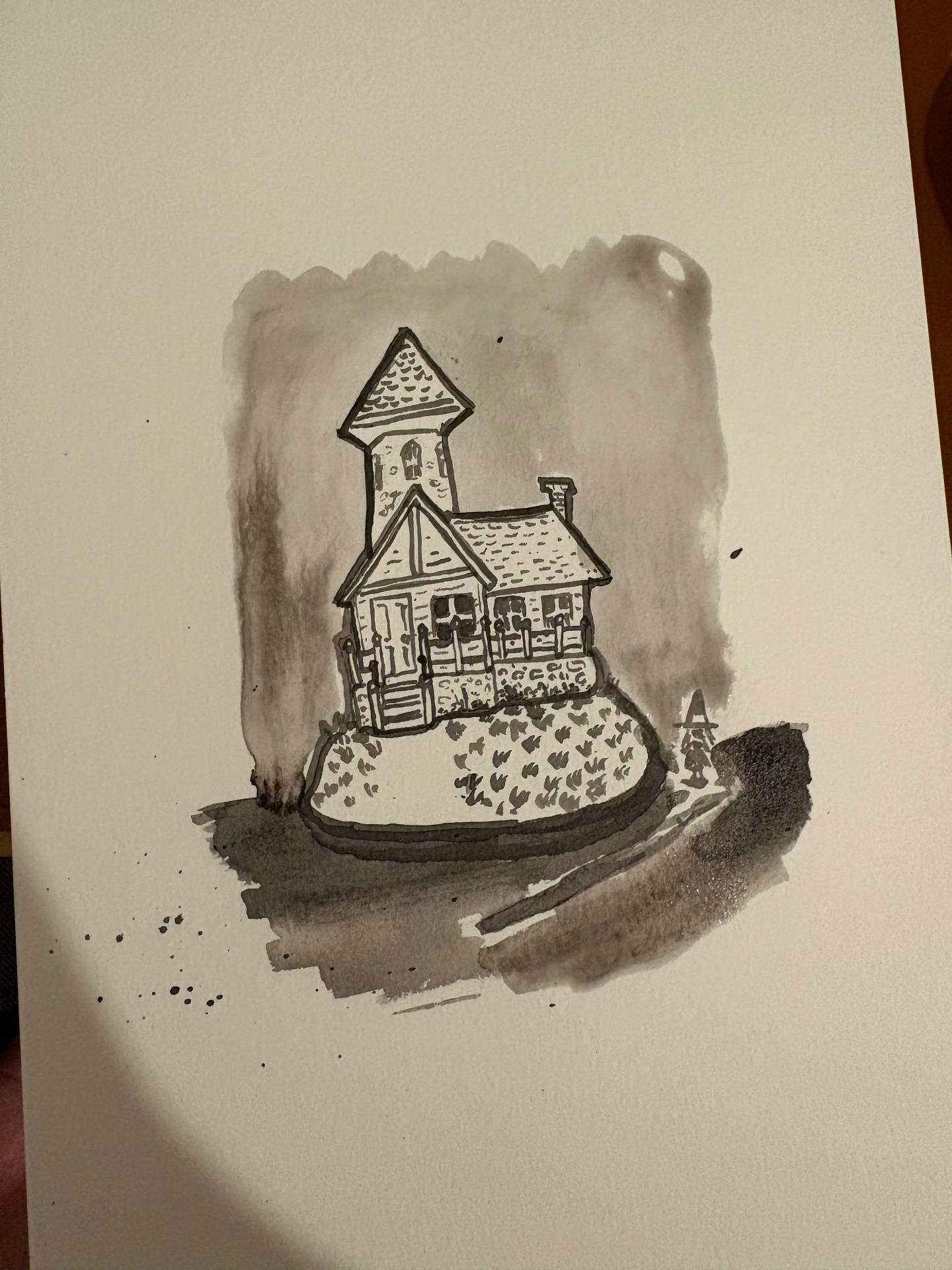 Ink and watercolour painting of a timber house with a tower on a small hill