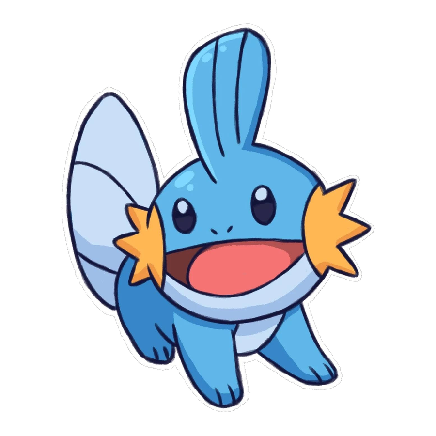 Die-cut sticker design of Mudkip standing with its gill fins and head fin spread