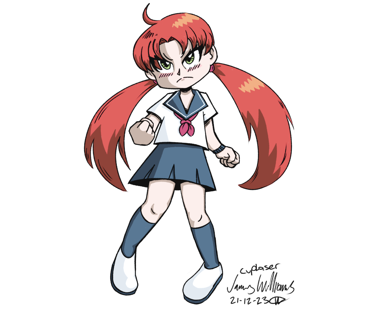 Digital illustration in a retro anime style of a red-haired girl with long twin tails in a school uniform, clenching her fists with an annoyed blush