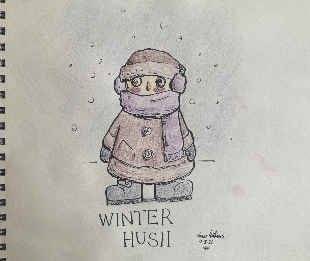 Small winter character bundled in a pink coat, scarf, hat, and earmuffs amid falling snow
