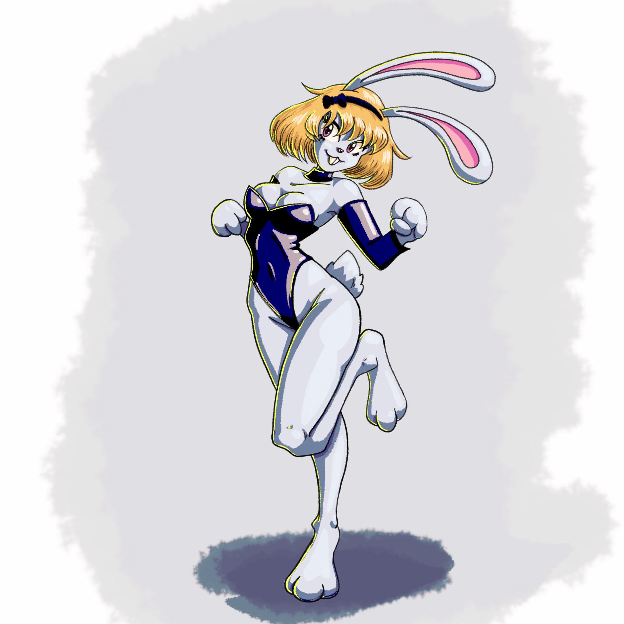 Digital illustration of a blonde anthropomorphic bunny girl in a lively one-legged pose, with long white ears, a dark bodysuit, and yellow rim highlights