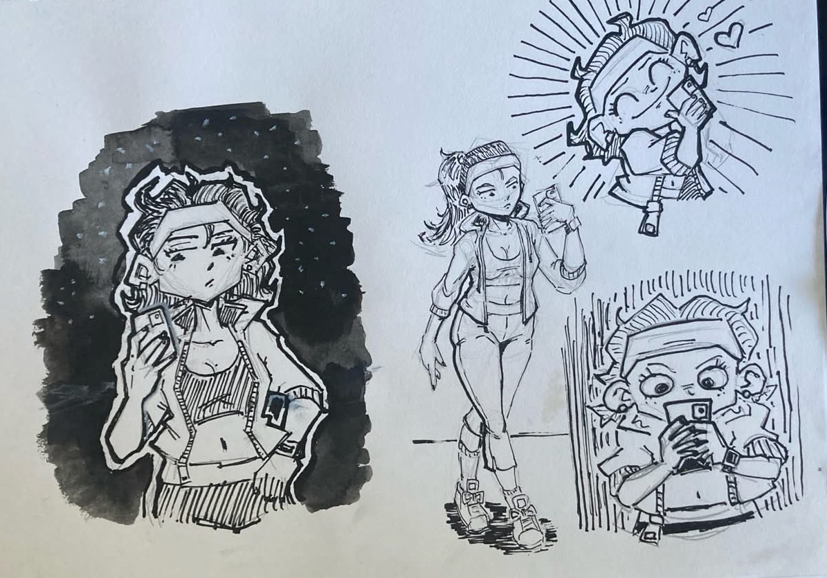 Sketchbook page of a girl in a headband and cropped jacket with her phone: a moody ink-wash bust against a starry black wash, a full-body walking pose, a gleeful chibi selfie, and a wide-eyed chibi glued to the screen