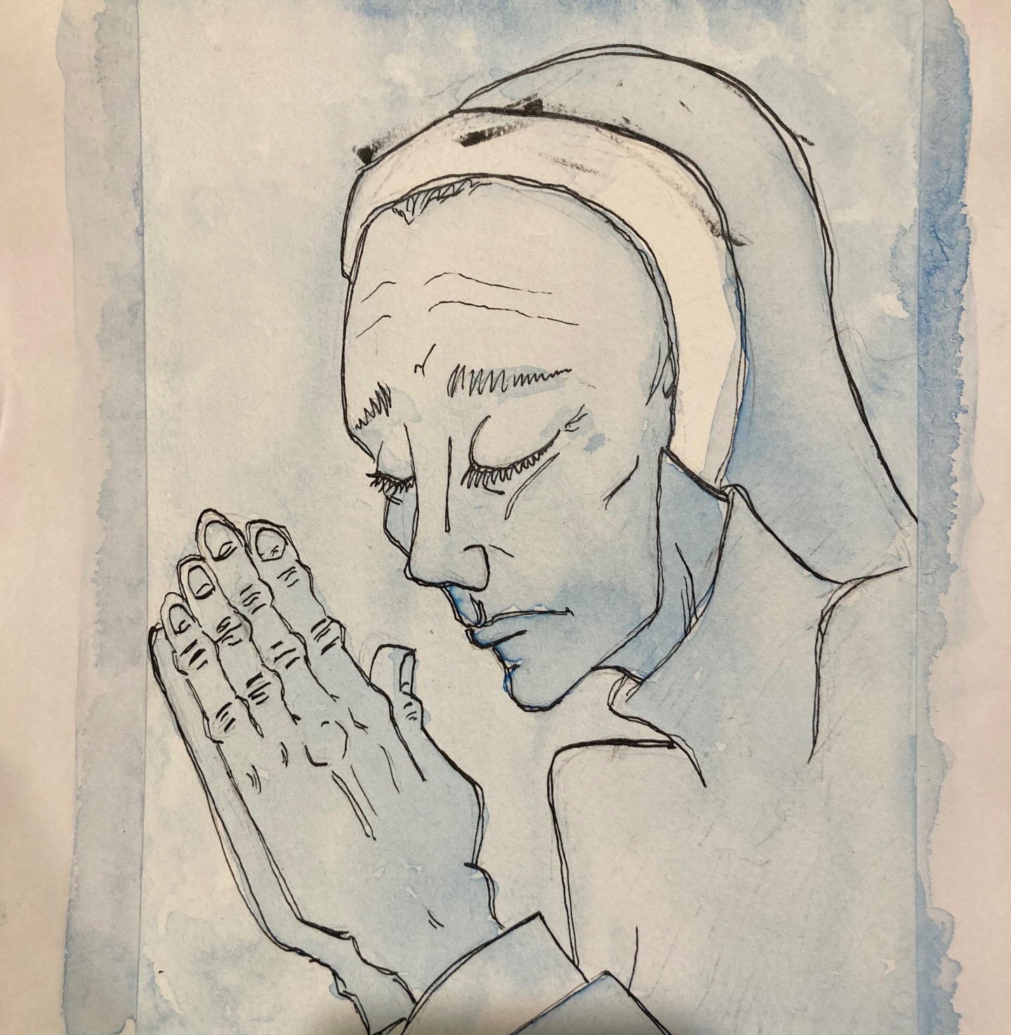 Blue-toned ink and watercolour study of a veiled figure with hands clasped in prayer