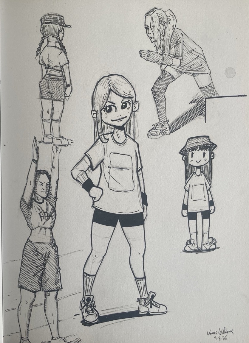 Sketchbook sheet of a girl in sporty clothes in different poses and proportions